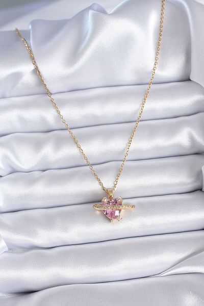 Skygo Gold Colored 316L Steel - Pink Crystal and Zircon Stone Detailed Heart Model Women's Necklace - TJ-BKO7747