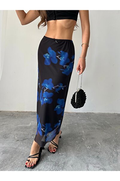 Paw Garage Women's Livia Lined Lycra Patterned Long Tulle Skirt