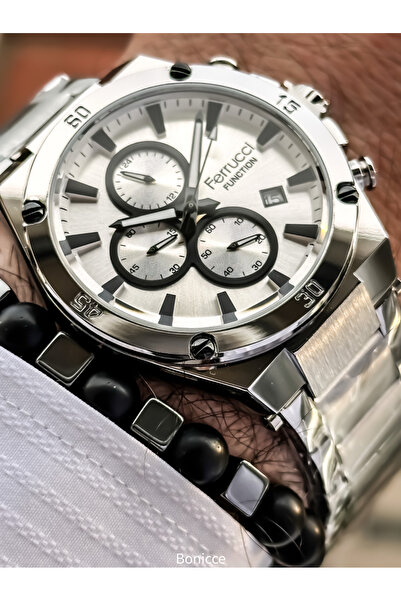 Ferrucci Functions Active White Dial,Silver Steel Band,Guaranteed, Men's Wristwatch Bracelet with Calendar