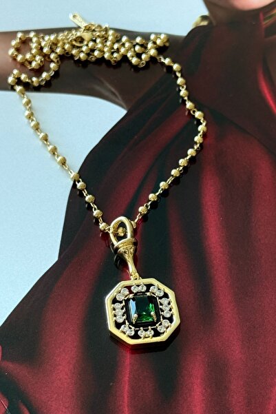 Trendy Butik Steel Green Stone Ball Chain Necklace