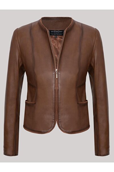 DeriWork Hakiki Kuzu Derisi Kahverengi Fermuarlı Kısa Kadın Deri Ceket