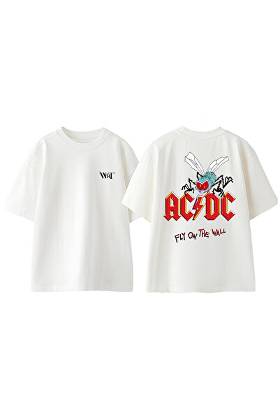 THEWERT AC DC Fly On The Wall Design Leđa Štampano Pamuk Bela Oversize kroj T...