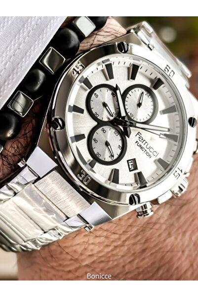 Ferrucci Functions Active White Dial,Silver Steel Band,Guaranteed, Men's Wristwatch Bracelet with Calendar