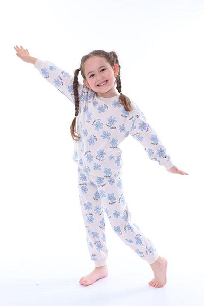 İsobel Kids Set de pijamale cu mâneci lungi cu model de flori albastre pentru fete