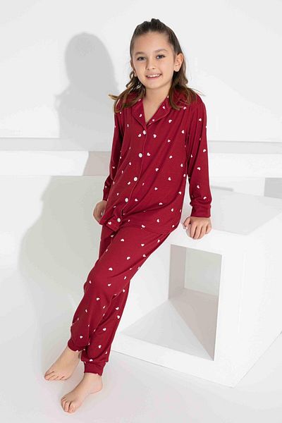 Tarık Girl's Heart Patterned Buttoned Long Sleeve Pijama Suit