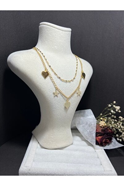 Store Kadın Çift Zincirli Kalp, Yıldız Model Çelik Kolye