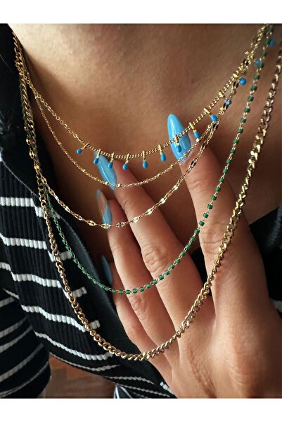 illys Gold Mavi ve Yeşil Boncuk Detaylı 4lü Görünüm Çelik Kolye