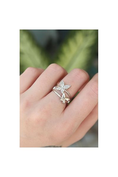 Skygo Brass Silver Color Adjustable Butterfly Ring with Zircon Stone - Tj-Byk3189
