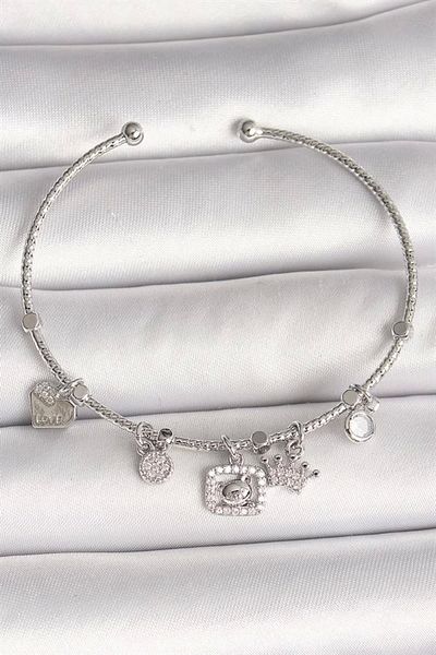 Clariss Brass Silver Color Dangle Zircon Stone Teddy Bear Figure Crown Detail Charm Women's Bracelet