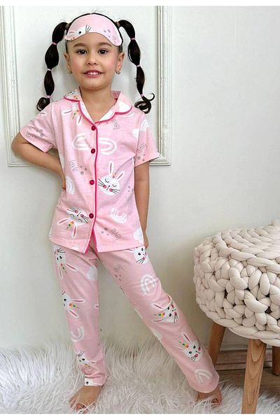 KIPIRIK BABY Girl's Buttoned Pink Rabbit Patterned Long Sleeve Pijama Set