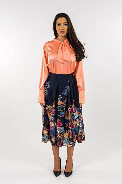 Gorgeaux Salmon Blouse and Navy Skirt Set with Flowers - 3XL(46)