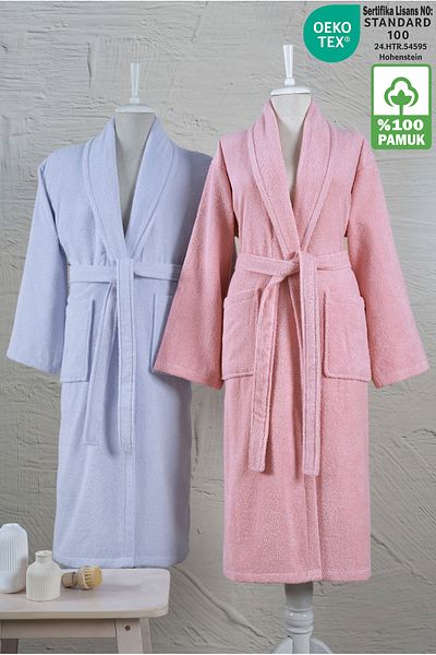 Ellaline Σετ μπουρνούζι 2 τεμαχίων 100% βαμβακερή πιστοποιημένη πούδρα ροζ - μπλε γυναικείο ανδρικό σετ μπουρνούζι με γιακά σάλι οικογενειακό