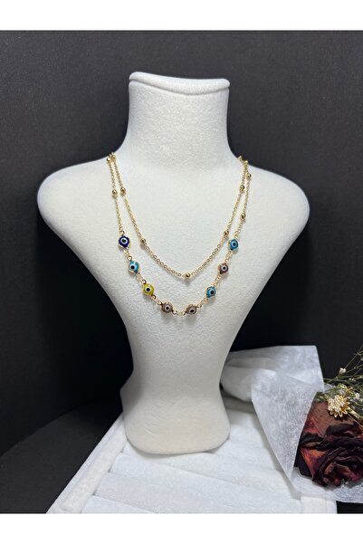 Store Kadın Çift Zincirli Nazar Boncuklu model Çelik Kolye