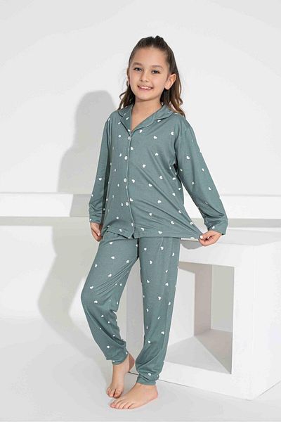 Tarık Girl's Heart Patterned Buttoned Long Sleeve Pijama Suit
