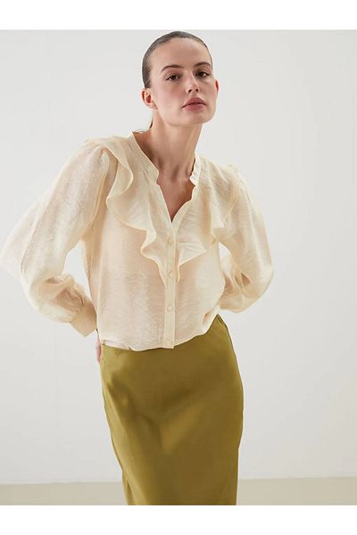 LC Waikiki Γυναικεία μπλούζα LCWAIKIKI Classic Beige με V λαιμόκοψη