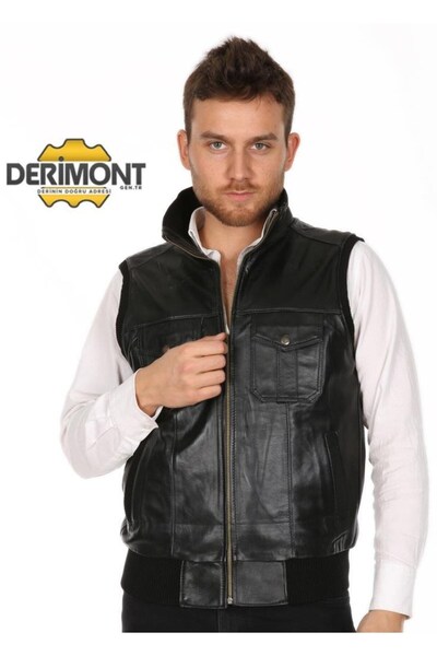 DeriWork Genuine Lambskin Black Jack Men's Leather Vest with Elastic Waist