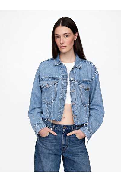 GAP Kadın Mavi UltraSoft Relaxed Crop Icon Denim Ceket