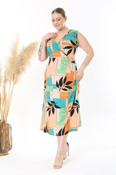Madwilo Women's Orange Green Geometric Floral Pattern Sleeveless Double Breasted Neck Plus Size Maxi Dress