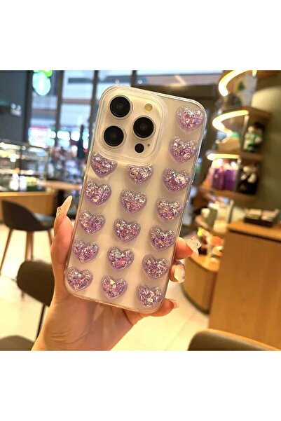 shop Iphone 15 Pro Uyumlu 3d Kabartmalı Simli Kalp Detaylı Şeffaf Kılıf Kapak