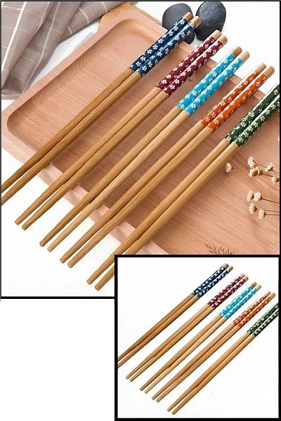 seç al burada Set of 5 Patterned Bamboo Chopstick - Washable Chinese Chopsticks, Sushi Ramen Noodle Chopsticks