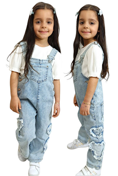 İrem Çocuk Giyim Kız Çocuk Kalp Detaylı Önü Cepli Kot Tulum