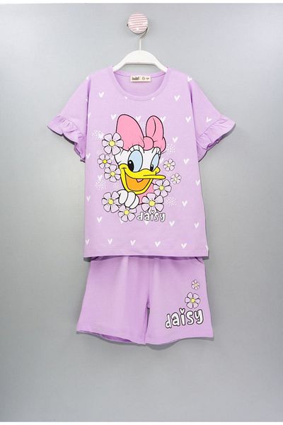 Yağmur Giyim Lilac Daisy Patterned Isob Girl Suit 100% Cotton Sleeves Deal 3-12 Years 2330