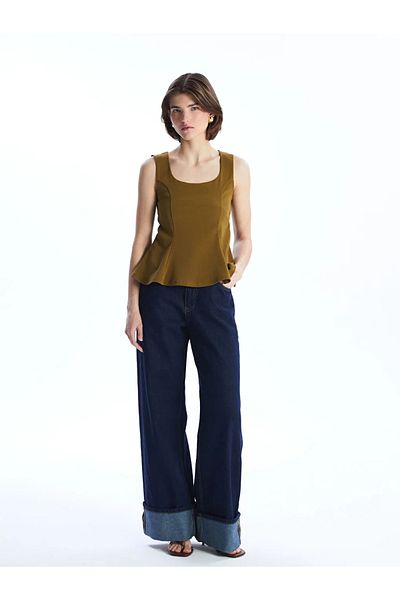 LC Waikiki Μπλούζα LCW Vision Khaki με τετράγωνο γιακά Peplum