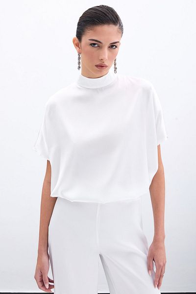 Sateen Bat Sleeve Casual Blouse - Ecru