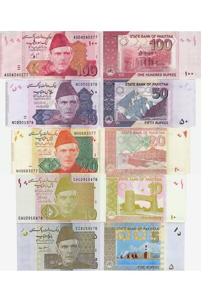 3Alp Koleksiyon PAKİSTAN 5-10-20-50-100 RUPEE 2009-2024, 5'Lİ SET, ÇİL, ESKİ ...