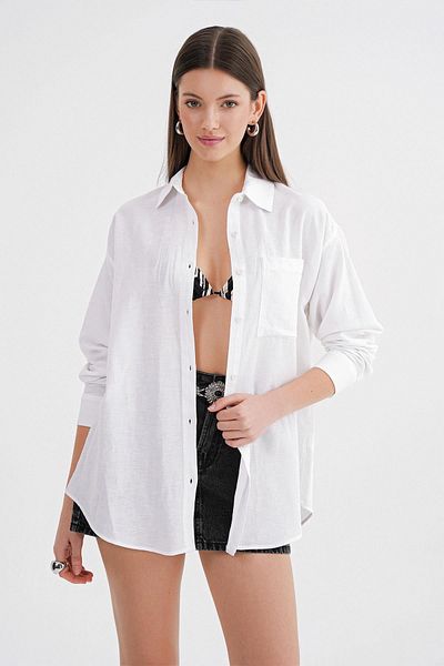 Mixray Γυναικείο πουκάμισο Oversize Basic Linen με τσέπες - 4670 Λευκό