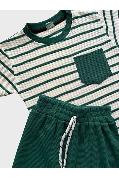 ALİŞ KİDS Boy's 100% Cotton Green and White Striped Pocket Waffle Fabric Short Sleeve Shorts Summer Suit