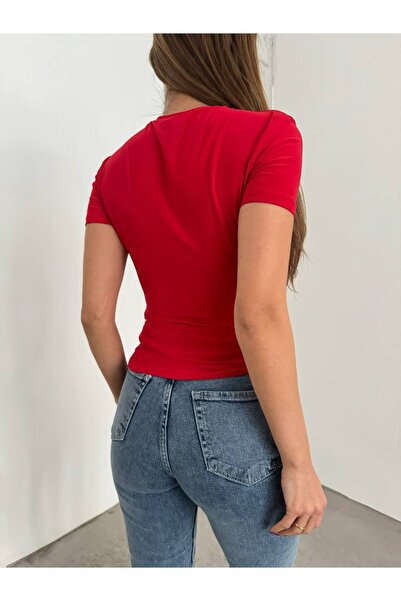 MODA Strivex Short Sleeve Sandy Fabric Cross Shirring Detailed Draped Crew Neck Women Blouse