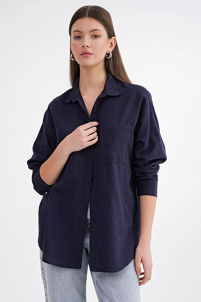 Mixray Women's Oversize Basic Linen with Pockets 4670 - Lacquer Color Shirt