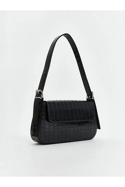 LC Waikiki Black Leather Look Crocodile Patterned Women's Shoulder Bag