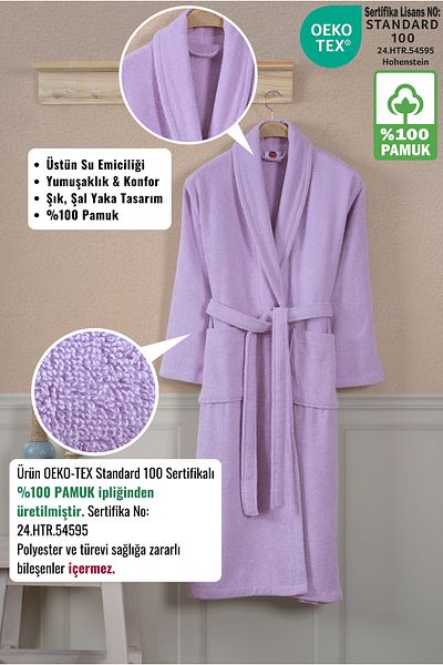 Ellaline Λιλά Μπουρνούζι 100% Βαμβάκι Πιστοποιημένο Σάλι Γιακά Unisex