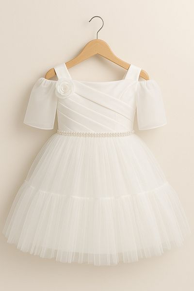 DUBAİ ÇOCUK White Children's Wedding Dress with Flowers, Short Sleeves, Pearl Belt