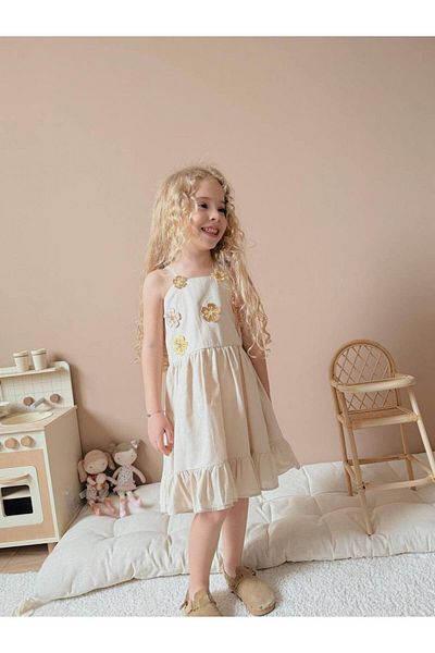 Baby Feast Wikiboom Flower Detailed Linen Fabric Girl Dress