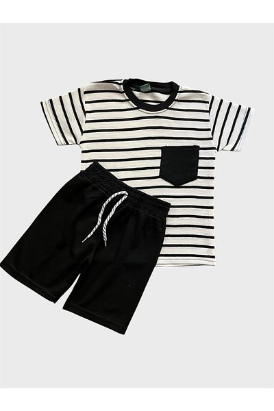 ALİŞ KİDS Boy's 100% Cotton Black and White Striped Pocket Waffle Fabric Short Sleeve Shorts Summer Suit
