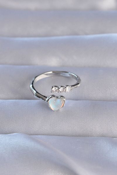 Skygo Brass Silver Heart Model Ring with Zirconia - Adjustable Mother of Pearl, TJ-BYK3232