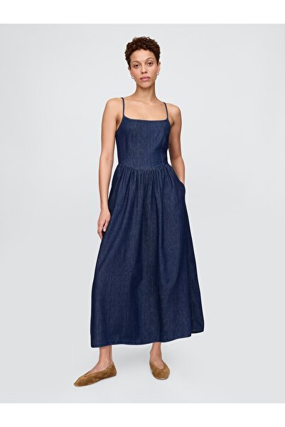GAP Kadın Lacivert Denim Maxi Elbise