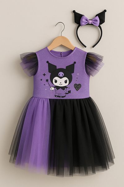DUBAİ ÇOCUK Girl's Kuromi Themed Tulle Costume Dress and Crown Set Purple & Black