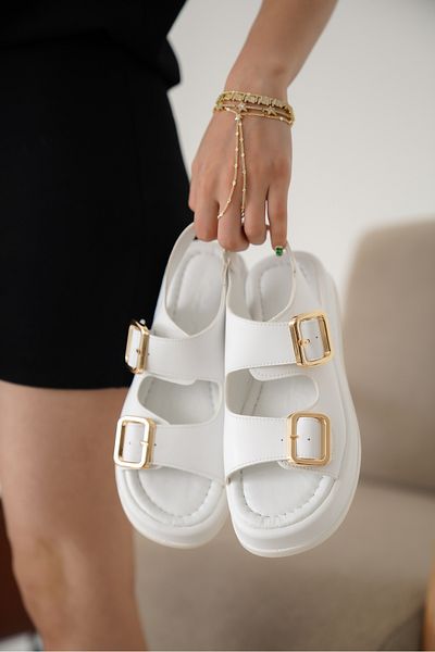 CİMİLİ SHOES Women's White Wedge Heel Double Strap Buckle Sandals