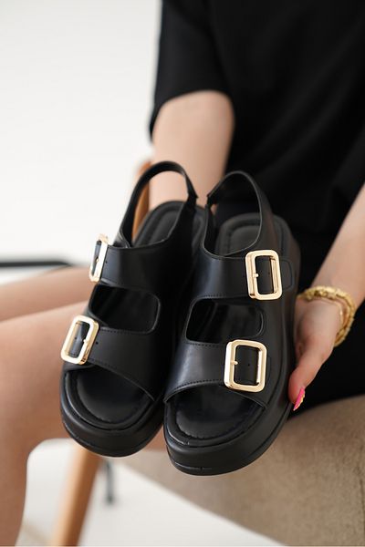 CİMİLİ SHOES Women's Black Wedge Heel Double Strap Buckle Sandals