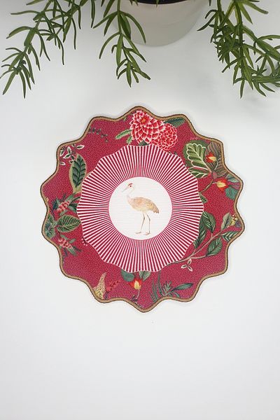 decofav Burgundy Embroidery Edge Fabric Cocktail Napkin with Botanical Flower and Stork Design 1 Piece