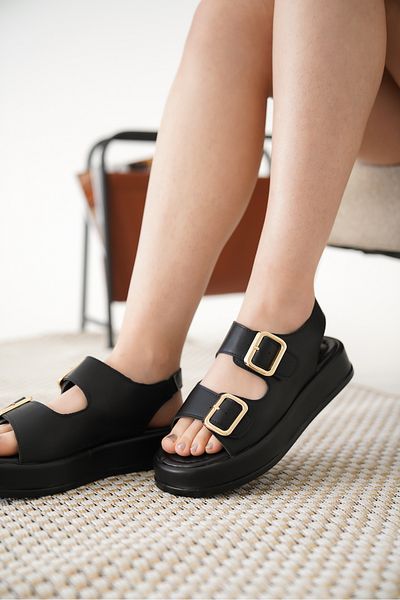 CİMİLİ SHOES Women's Black Wedge Heel Double Strap Buckle Sandals