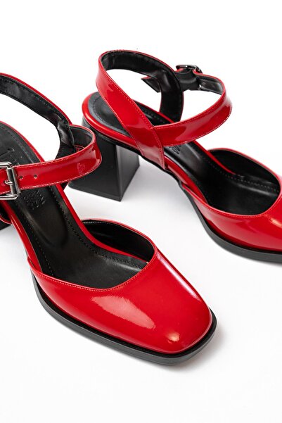 Evla Shoes Kırmızı Rugan 9cm Topuklu Arkası Açık Günlük Kadın Ayakkabı