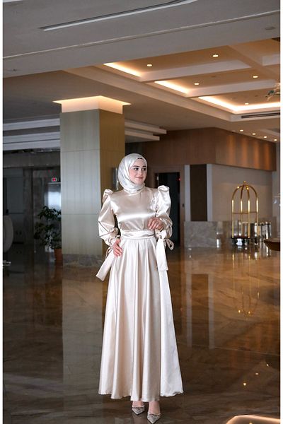 By Atelier Beige Noble Tuxedo Night Dress with Tieable Sleeves