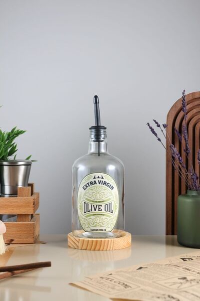 TheBRo 750ML Şeffaf Elite Serisi Ahşap Stantlı Mat Siyah Dökücülü Zeytinyağı ...