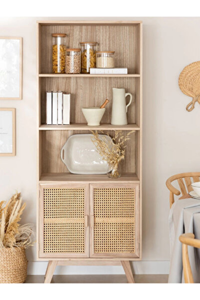FIRU HOME Doğal Çam Ahşap Rattan Kapaklı Raflı Yüksek Kitaplık 171,5x67 cm