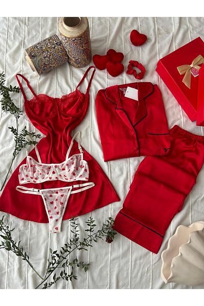 MAYA LİNGERİE 100% Satin Red Dowry Set (Button-Down Pajamas, Nightgown and Bra Panty Sets)